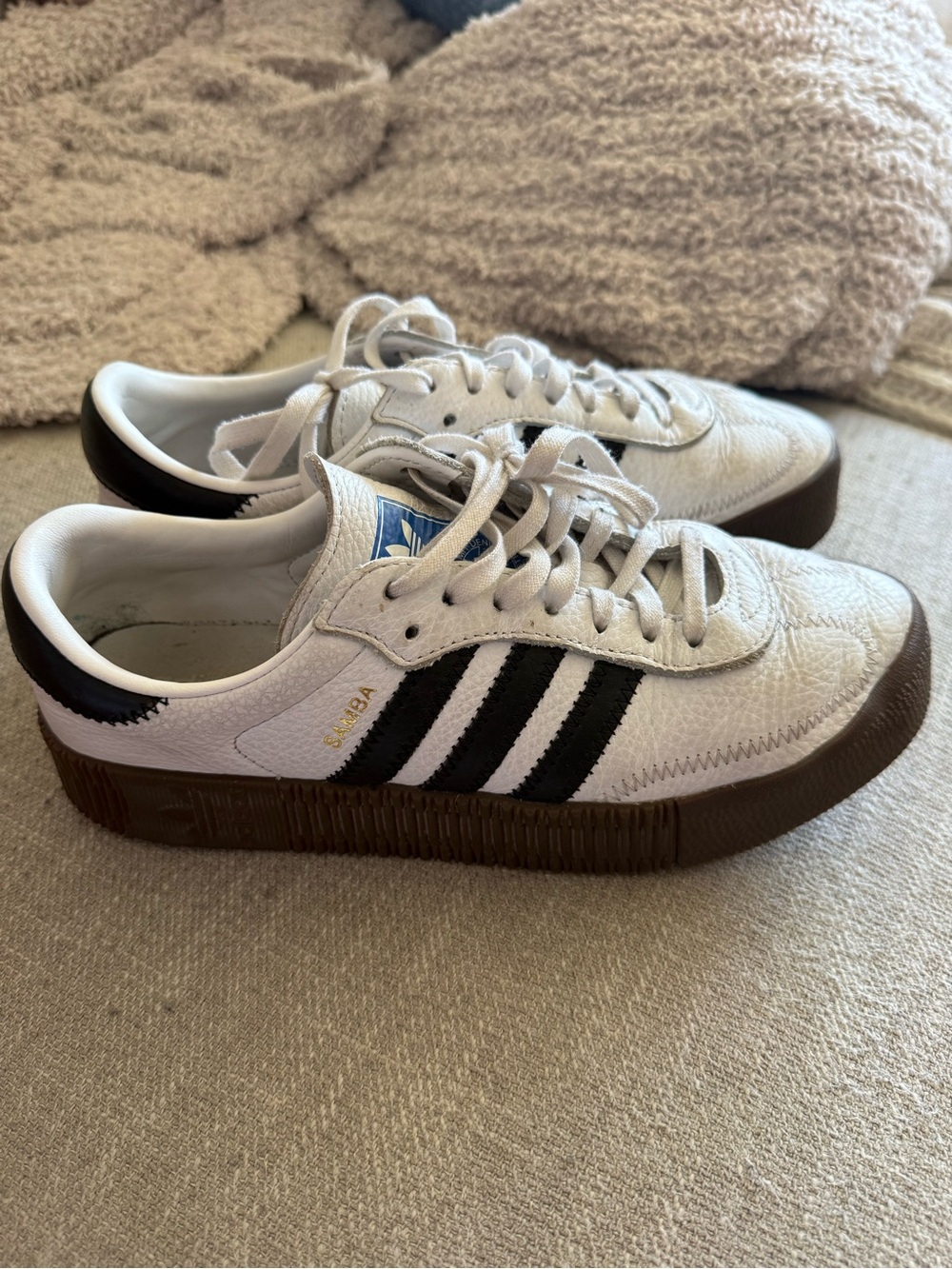 adidas White Leather Sneakers with Black Stripes and Brown Gum Sole